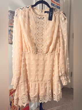 Lulu's Blush Cream Crochet-Trim Long Sleeve Mini Dress